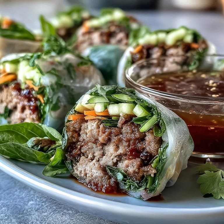 Thai Basil Beef Rolls arranged on a plate, showcasing vibrant colors and fresh, aromatic herbs for a flavorful bite.