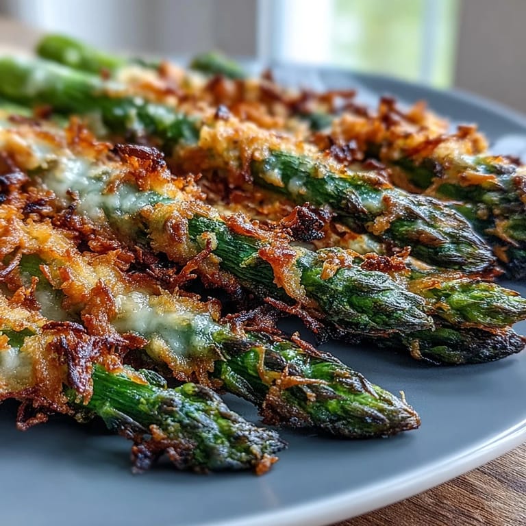Golden Crispy Asparagus Asiago Spears piled on a white platter, the crunchy baked spears topped with extra grated Asiago and fresh chopped parsley.