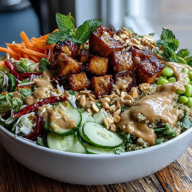 Overhead view of a nourishing Peanut Tofu Power Bowl, arranged neatly with julienned carrots, sliced cucumbers, steamed edamame, and scallions atop a bed of quinoa, showcasing the rich texture of the plant-based meal ready to be enjoyed.