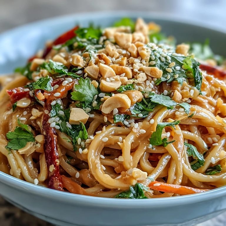 Close-up of Asian Peanut Noodle Bowl highlighting vibrant cabbage, carrots, and bell peppers tossed in a savory peanut sauce.