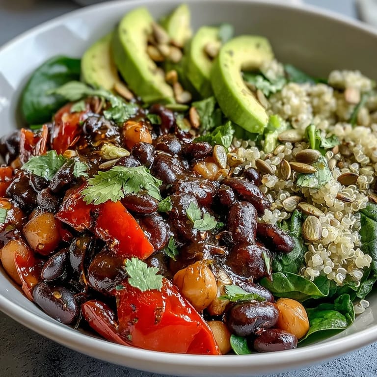 Healthy Three-Bean Power Bowl with chickpeas and crisp veggies, perfect for meal prep.