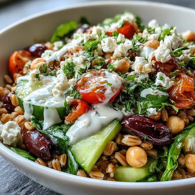 Ready to serve Mediterranean Farro Bowl with hearty grains, Kalamata olives, and spinach, perfect for a nourishing vegetarian weeknight dinner.