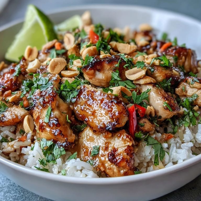 Colorful Thai Peanut Chicken Bowl garnished with fresh cilantro, chopped peanuts, and lime wedges on the side.