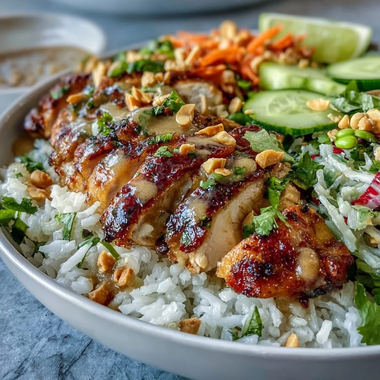 Close-up view of a vibrant Coconut Rice Peanut Bowl, featuring a generous drizzle of rich peanut sauce over tender grilled chicken and crunchy fresh veggies. Perfect for lunch.