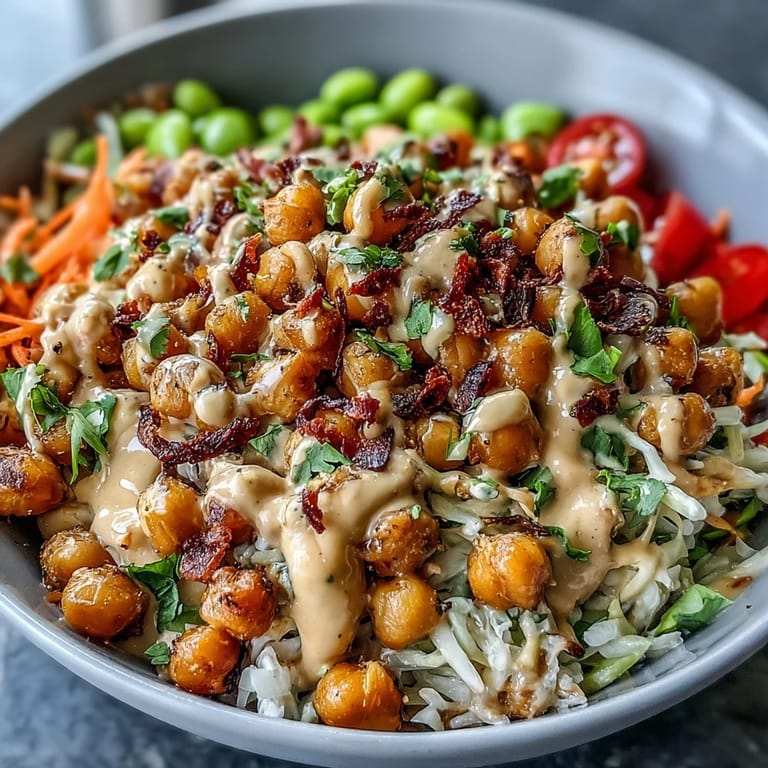 A close-up of the finished Peanut Chickpea Protein Bowl shows golden chickpeas, colorful shredded cabbage, and a glossy peanut sauce drizzle.