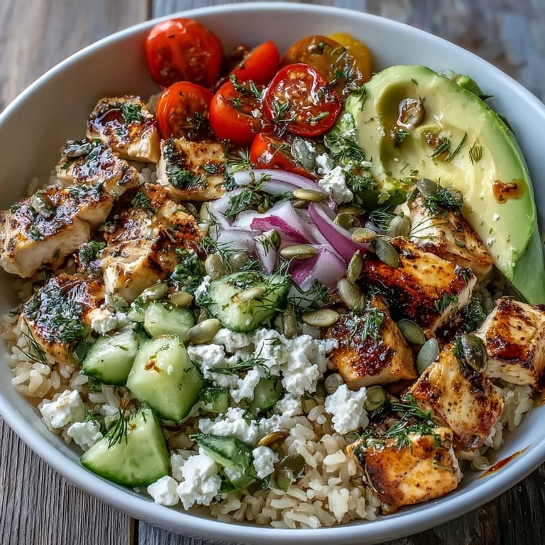 Overhead view of a healthy Simple Grain bowl with farro, chickpeas, colorful veggies, and feta cheese, ready for meal prep.