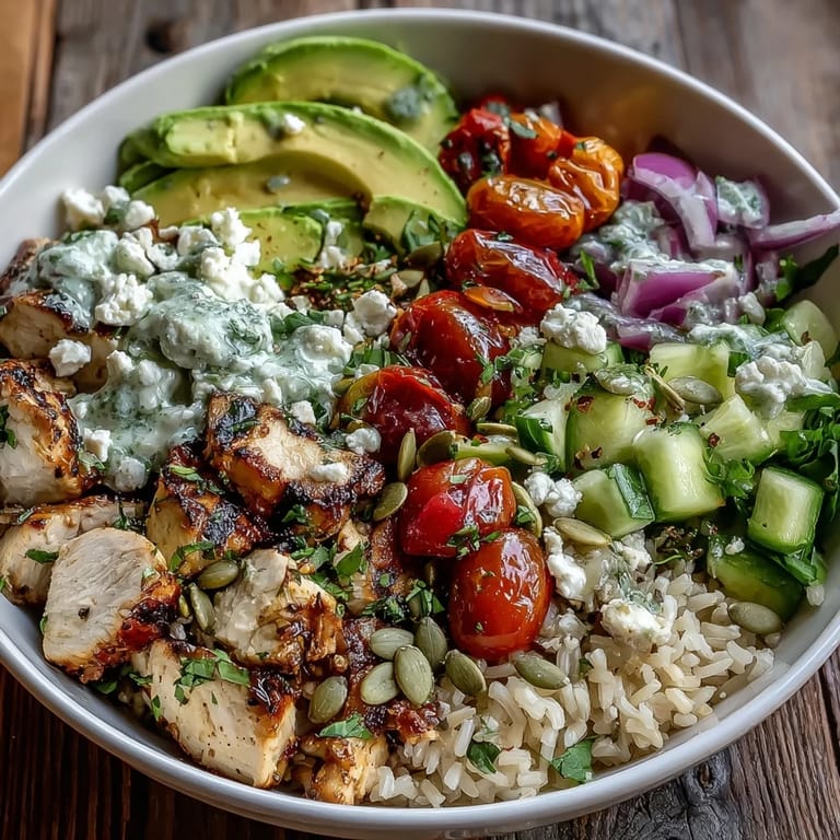 Close-up of a customizable Simple Grain Bowl featuring quinoa, grilled chicken, avocado, pumpkin seeds, and a lemony dressing drizzle.