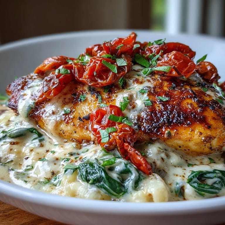 Easy Creamy Tuscan Chicken Skillet with juicy chicken, sun-dried tomatoes, and spinach, served in a luscious garlic-Parmesan cream sauce.