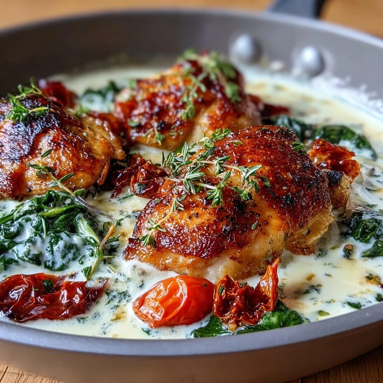 Comforting one-pan Creamy Tuscan Chicken Skillet featuring tender chicken breasts simmered in a velvety Parmesan cream sauce with fresh spinach.  