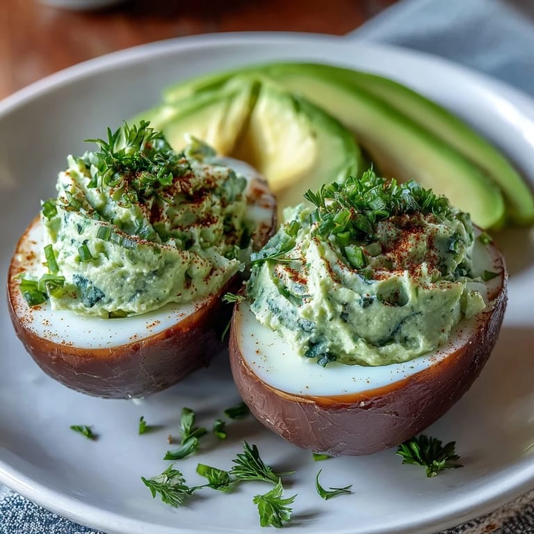 Vibrant deviled eggs with avocado, chives, and dill, offering a fresh twist on a classic appetizer.  