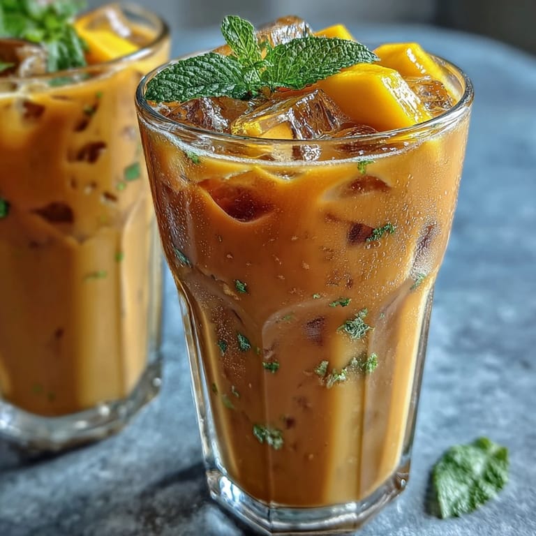 Vibrant mango peach iced tea with mint, served over ice with fruit slices for a fruity twist.
