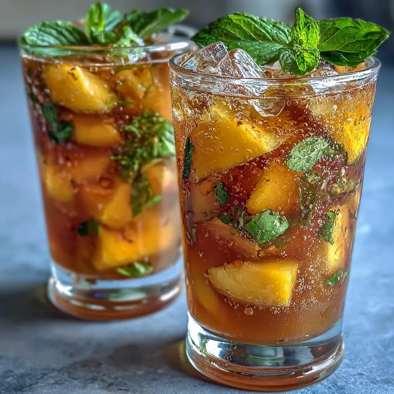 Refreshing mango peach iced tea garnished with mint, ideal for warm weather gatherings and backyard parties.