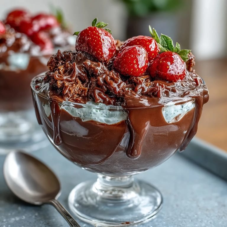 Luxurious Middle Eastern dessert cups featuring crisp kataifi nests filled with dark chocolate and rose-scented pistachio cream, garnished with strawberries.