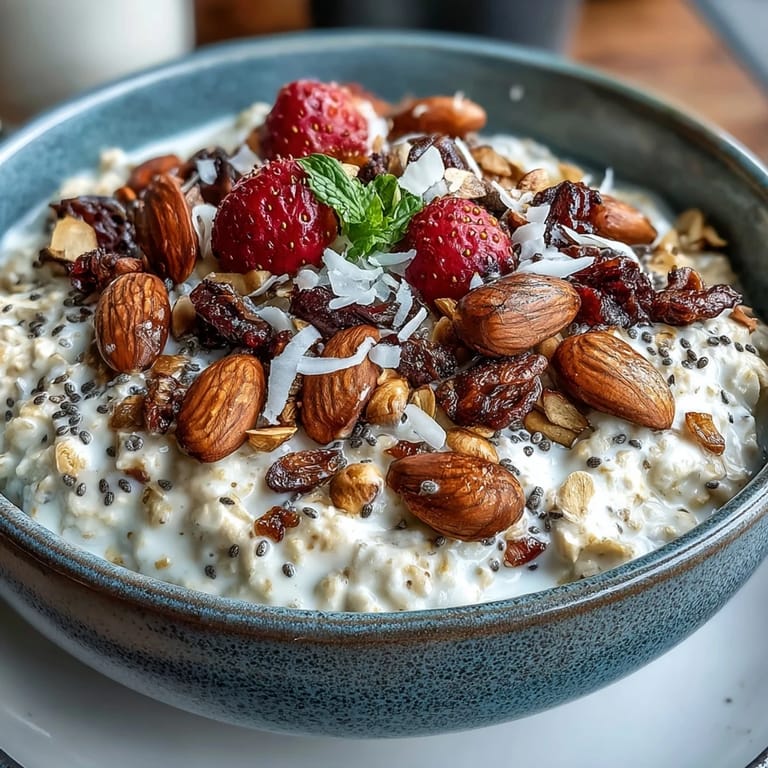 Creamy strawberry chia overnight oats in a glass jar, garnished with fresh berries and toasted almonds.