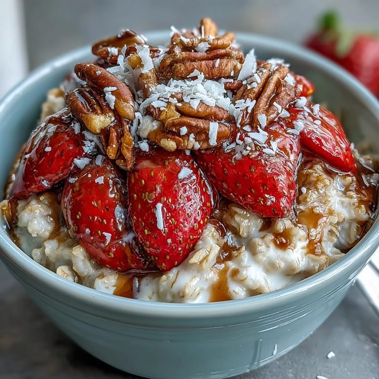 A close-up of strawberry chia overnight oats, layered with oats, yogurt, and sweet fruit for a nutritious breakfast.