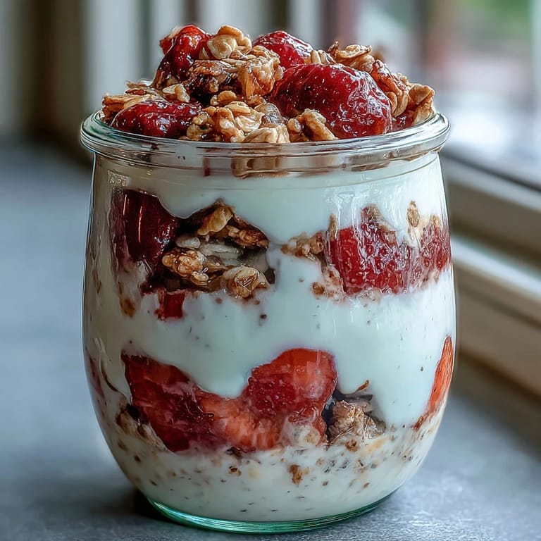 Layered strawberry chia overnight oats topped with crunchy granola and fresh berries for a wholesome, make-ahead meal.