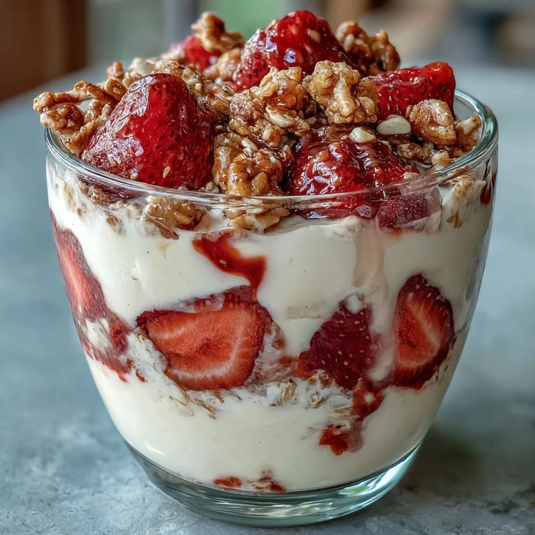 Delicious strawberry overnight oats with chia seeds and granola, perfect for a quick, healthy, and satisfying breakfast.