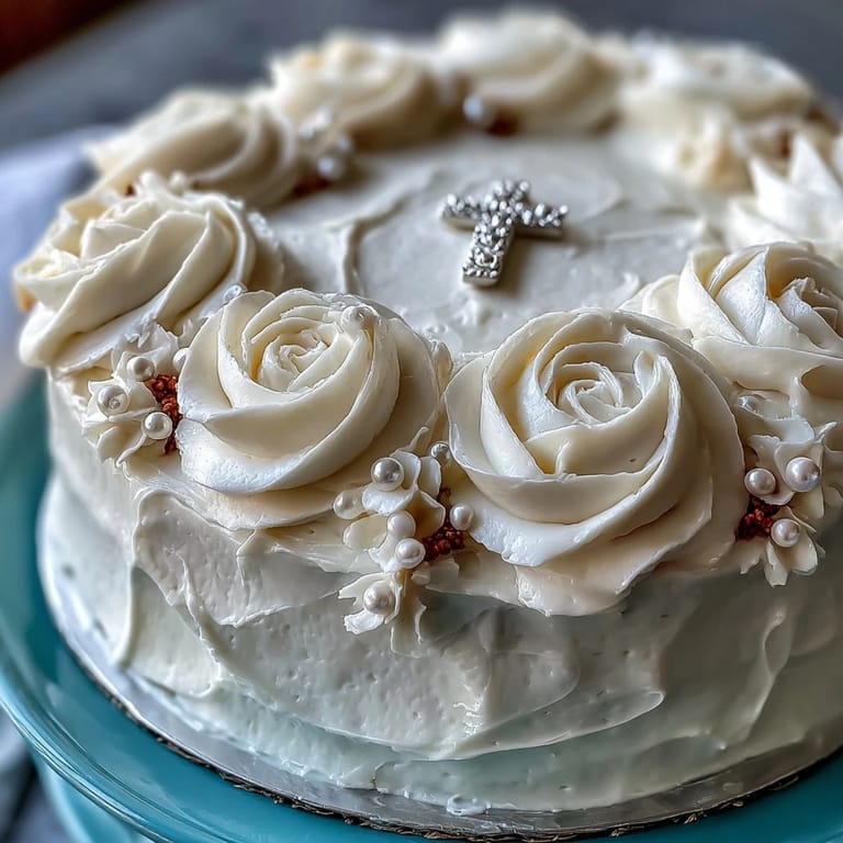 Elegant First Communion Cake with vanilla sponge, creamy buttercream, and white fondant roses, crowned with a cross topper for a sacred celebration.