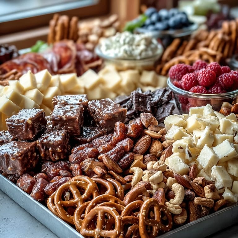Colorful grad party snack board featuring fresh veggies, pretzels, berries, and chocolate-covered pretzels, ideal for a fun and festive celebration.