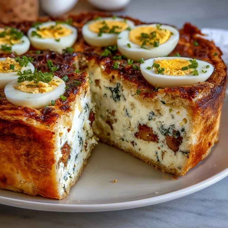 Festive Easter Savory Pie with Hard-Boiled Eggs and Ham: rich ricotta and spinach filling baked in puff pastry, showcasing colorful hard-boiled eggs in every slice.