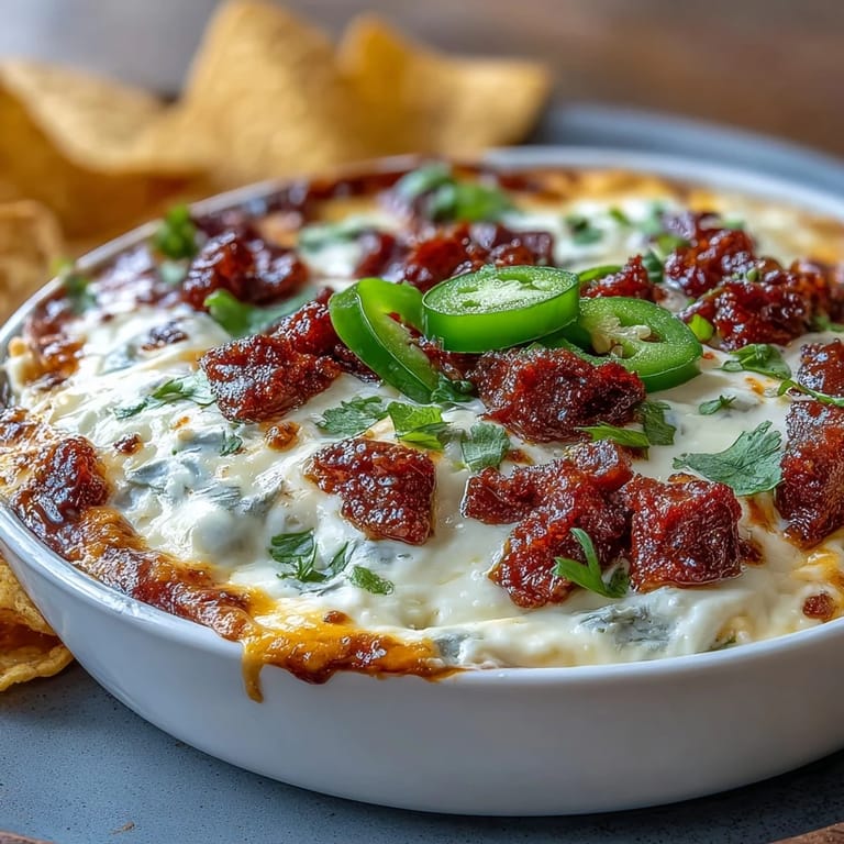 Warm queso dip loaded with spicy chorizo, cool sour cream, fresh avocado, and jalapeños, perfect for dipping with crispy tortilla chips.