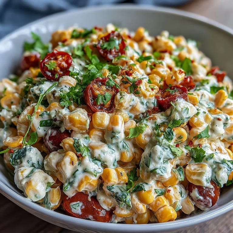 Vibrant Creamy Corn Salad with Jalapeño, combining sweet corn, crunchy bell peppers, and a spicy, creamy dressing, perfect for picnics.