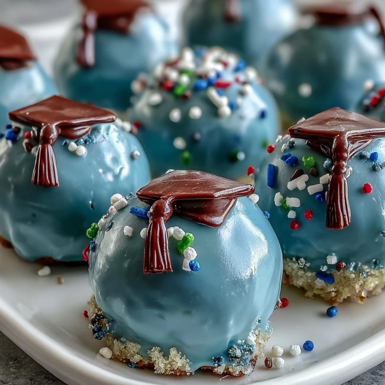 Festive graduation cake pops in bright school colors, topped with edible glitter and chocolate tassels, perfect for party trays.