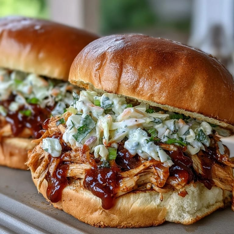Juicy shredded chicken in smoky barbecue sauce, served on buns with crisp coleslaw topping.  