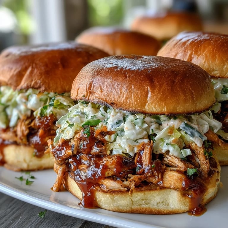 Tender pulled BBQ chicken in rich sauce, nestled in soft buns and topped with creamy coleslaw.