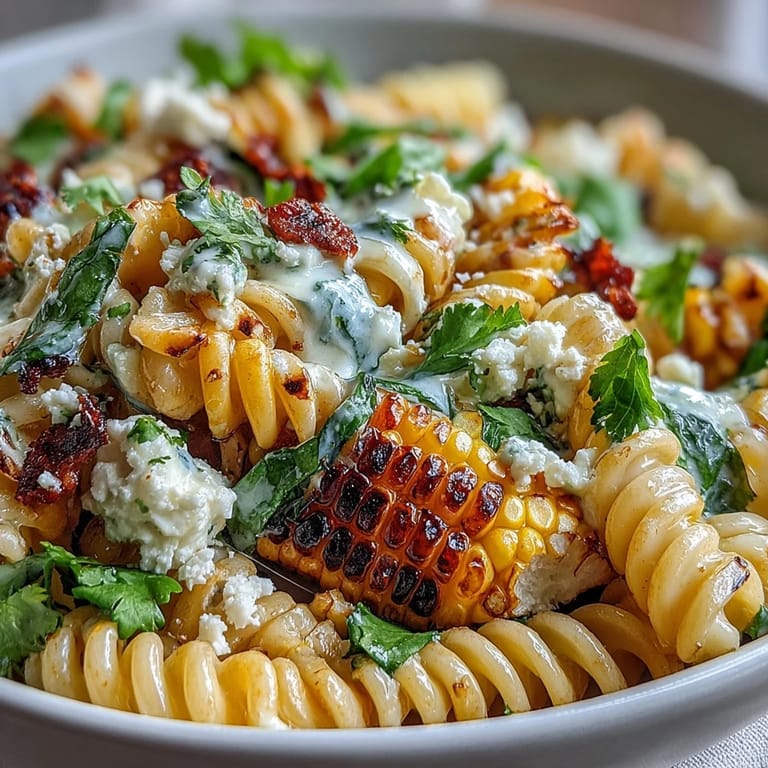 Colorful pasta salad featuring sweet corn, red bell pepper, and Cotija cheese in a smoky, chili-spiced creamy dressing.