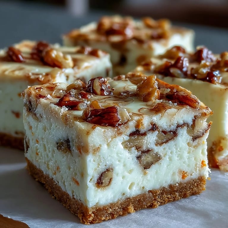 Moist carrot cake and smooth cheesecake bars, swirled together and topped with crunchy nuts for a delightful dessert.
