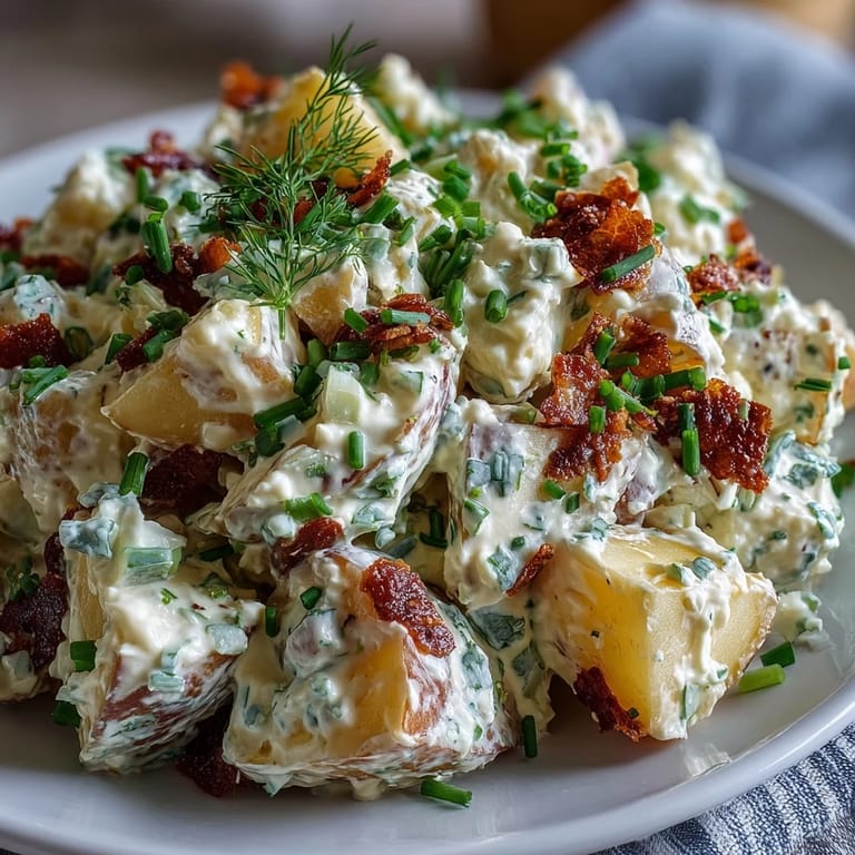 Golden potatoes and hard-boiled eggs mixed in a zesty deviled egg dressing, topped with smoked paprika for a classic side dish.