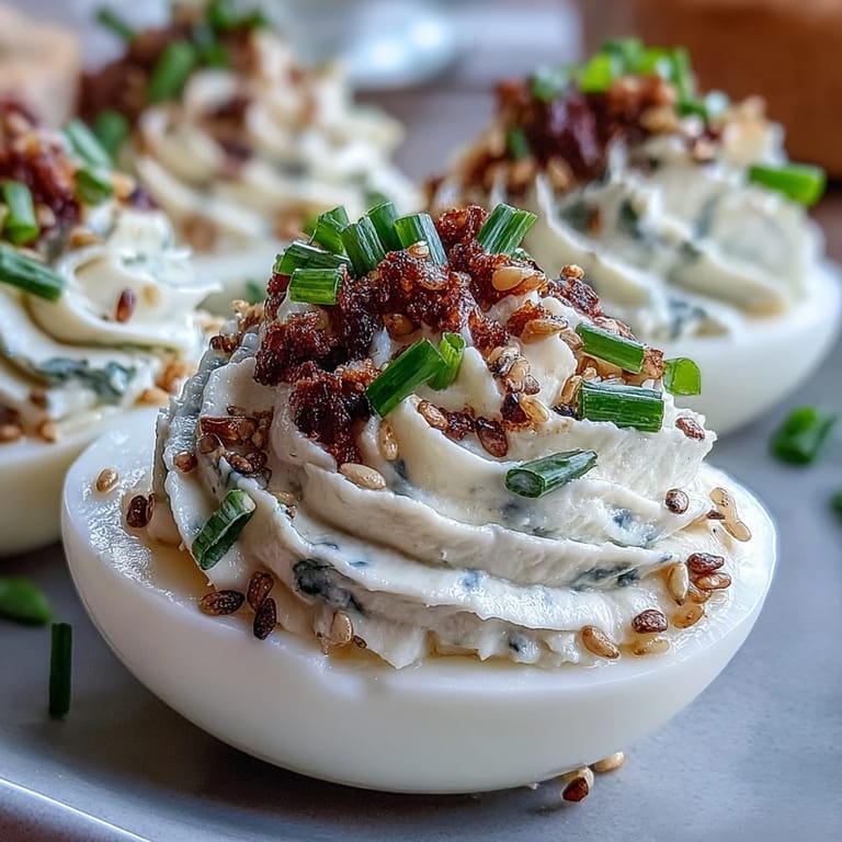 Creamy deviled eggs filled with tangy cream cheese and zesty mustard, garnished with everything bagel seasoning for bold flavor.  