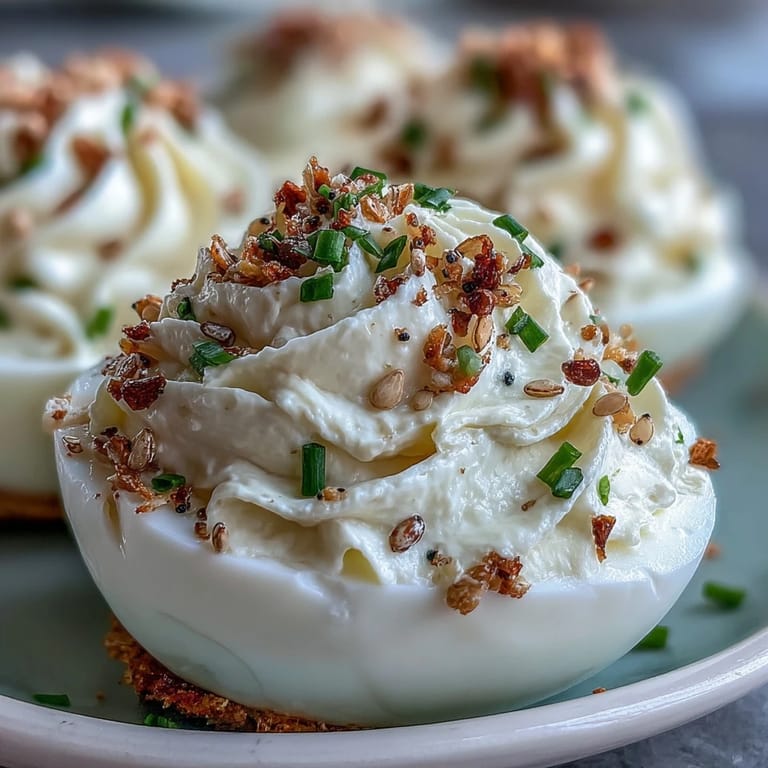 Savory deviled eggs with rich cream cheese filling, sprinkled with everything bagel seasoning and fresh herbs, perfect for brunch.