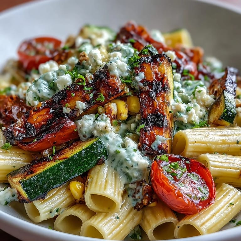 Smoky grilled zucchini and charred corn tossed with pasta, tangy Cotija, and fresh cilantro for a vibrant summer dish.