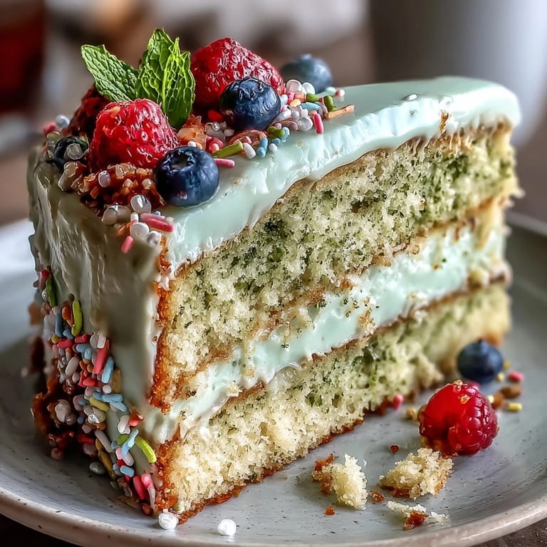 Fluffy matcha cake layers stacked with smooth vanilla frosting, decorated with sprinkles for a fun, smashable brunch treat.  