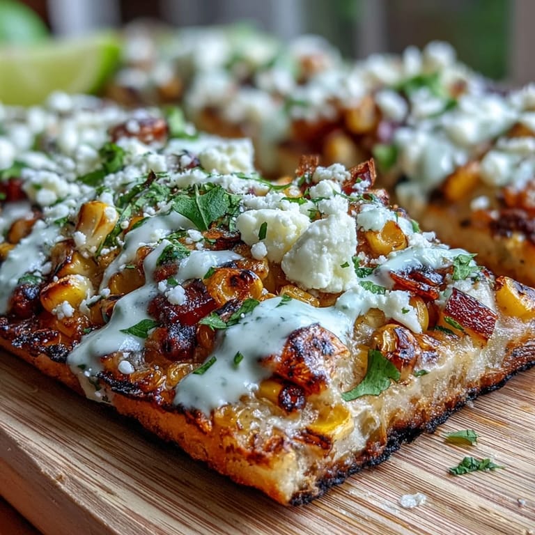 Crispy flatbread topped with smoky street corn, creamy cotija, fresh cilantro, and zesty jalapeño crema—perfect party food.  