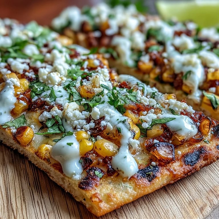 Colorful Mexican street corn flatbread drizzled with jalapeño crema, garnished with cilantro and lime wedges for a bold flavor.