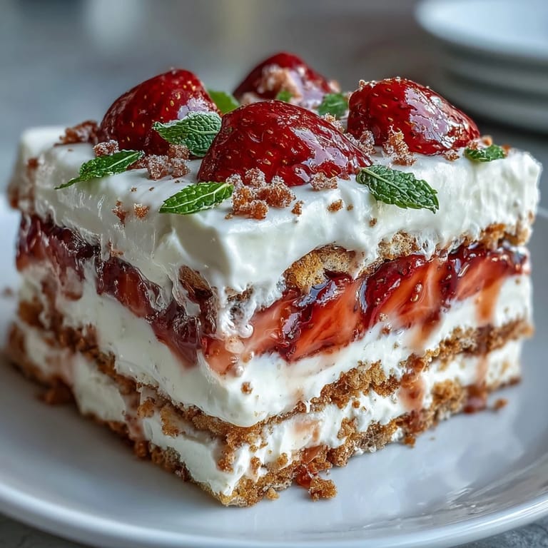 Refreshing strawberry and cream icebox cake, chilled and garnished with blueberries and mint, ideal for summer celebrations.
