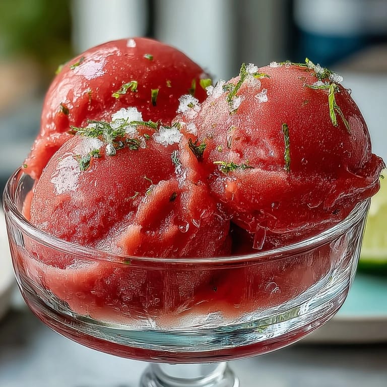 Vibrant frozen watermelon sorbet, a simple, naturally sweet treat for cooling down.