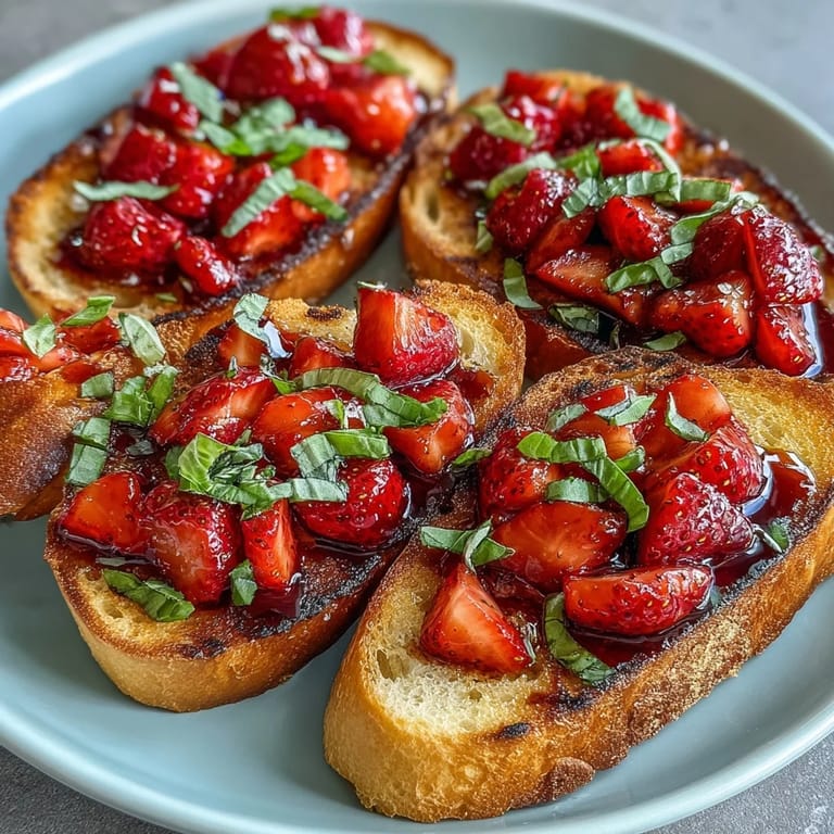 Easy Strawberry Balsamic Bruschetta showcases fresh fruit and basil on toasted bread.