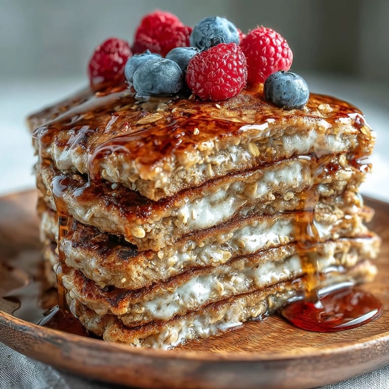 Fluffy High Fiber Protein Pancakes dusted with cinnamon, topped berries.
