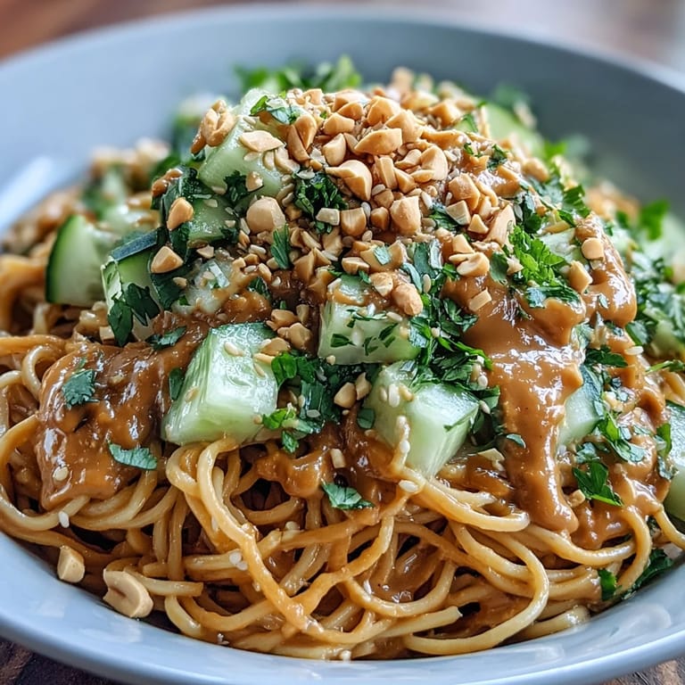 Perfectly chilled Cold Peanut Sesame Noodles drizzled with rich peanut-sesame sauce.