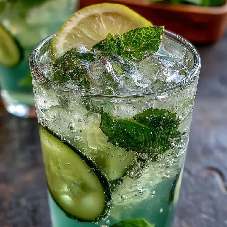 Enjoy a tall glass of Sparkling Cucumber Mint Lemonade Mocktail, garnished with fresh mint.