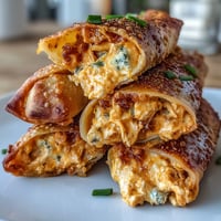 Golden, crispy Buffalo Chicken Dip Egg Rolls piled high on a plate with a small bowl of ranch for dipping.