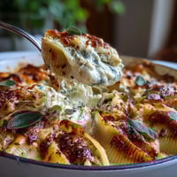 Golden-brown baked Pumpkin & Gouda Stuffed Shells with creamy sage Alfredo sauce and fresh herb garnish.