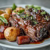 A close-up of tender beef pot roast with glazed carrots and potatoes in rich gravy.