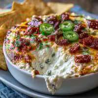 Creamy Cinco de Mayo Loaded Queso Dip with spicy chorizo and fresh pico de gallo, served bubbling hot with crunchy tortilla chips.  