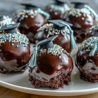 Graduation cake pops in school colors, decorated with matching sprinkles and fondant caps, ready for a festive celebration.