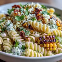 Elote Corn Pasta Salad with Cotija cheese, charred corn, and vibrant vegetables tossed in a creamy lime dressing.